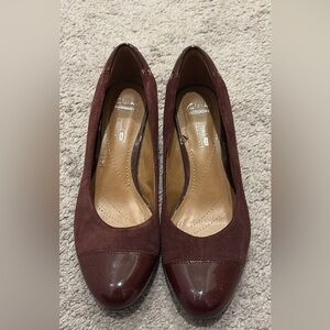 Clarks Women's Burgundy Suede and Patent Cap-Toe Heels